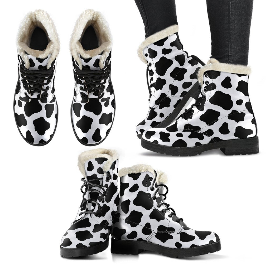 Groovy Cow Print Faux Fur Leather Boots for Free-Spirited Hippies - 2