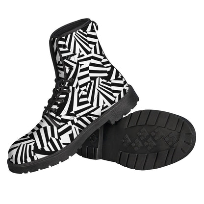 Groovy Vibes: Black and White Pattern Leather Lightweight Boots for Hippies - 2