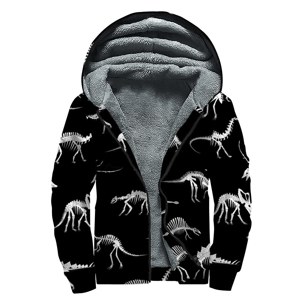 Dinosaur Fossil Print Sherpa Lined Zip Up Hoodie for Groovy Hippies - 1