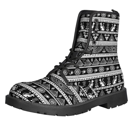 Step Out in Style: Black and White Egyptian Pattern Leather Lightweight Boots for Modern Hippies - 1