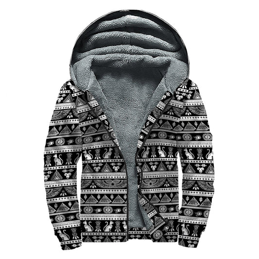 Black and White Egypt Pattern Print Sherpa-Lined Zip Up Hoodie for the Free-Spirited Hippie - 1