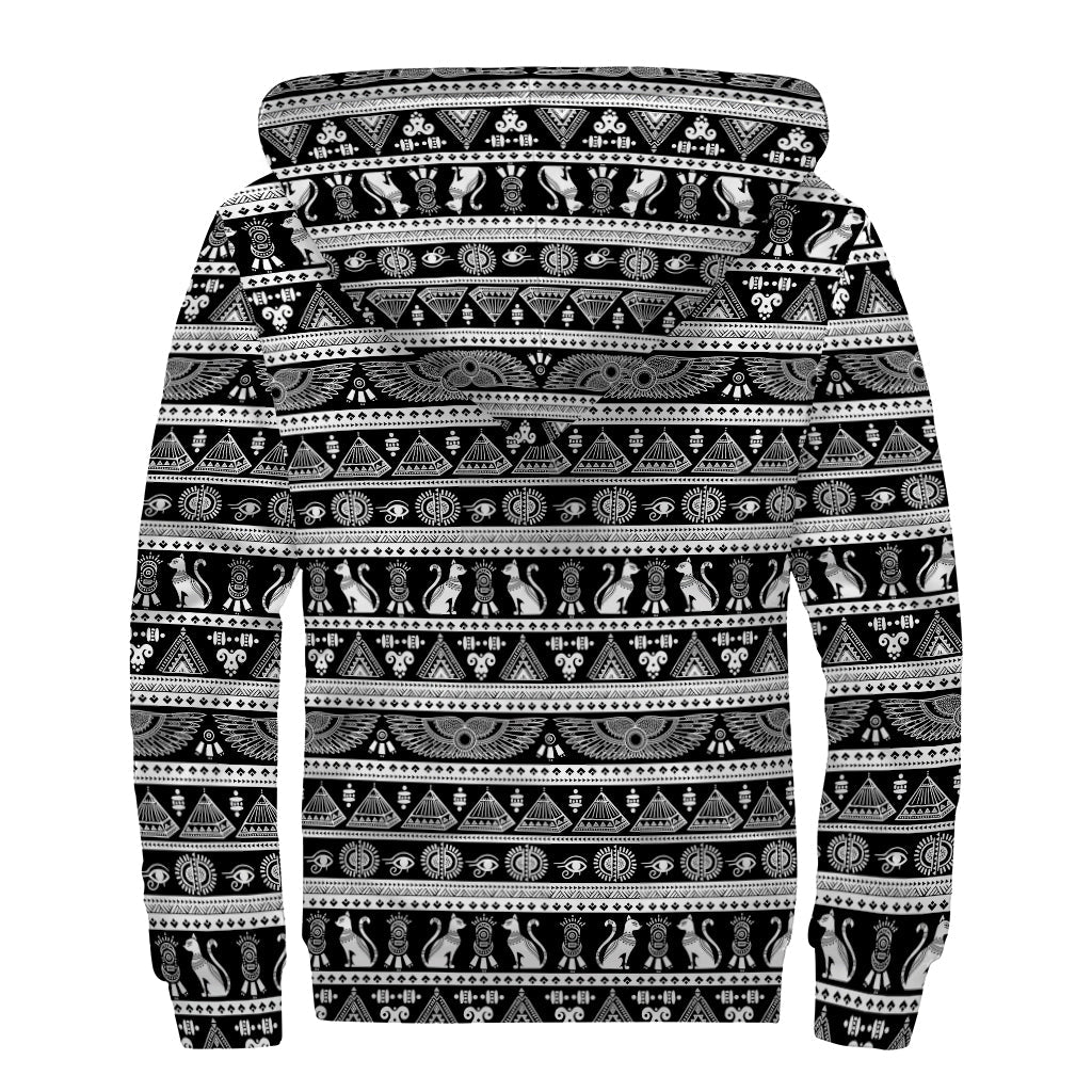 Black and White Egypt Pattern Print Sherpa-Lined Zip Up Hoodie for the Free-Spirited Hippie - 2