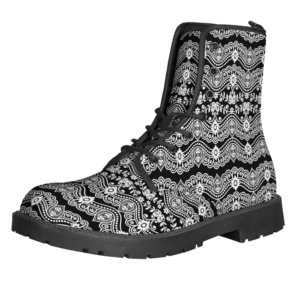 Get groovy with our Black and White Ethnic Boho Print Leather Boots - 1