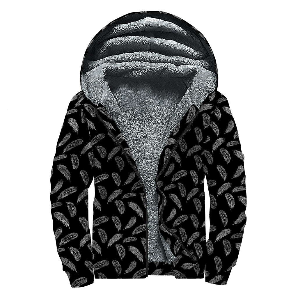 Boho Chic: Black and White Feather Print Hippie Sherpa Hoodie - 1