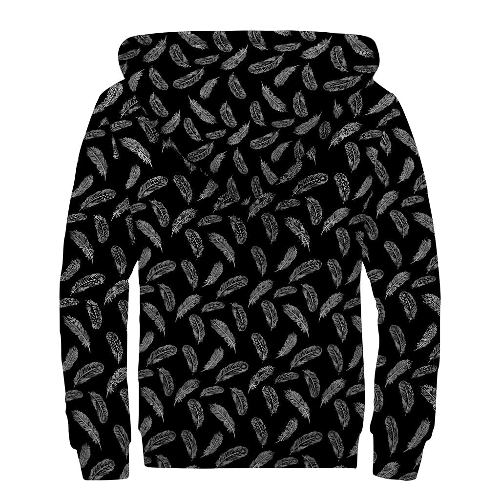 Boho Chic: Black and White Feather Print Hippie Sherpa Hoodie - 2