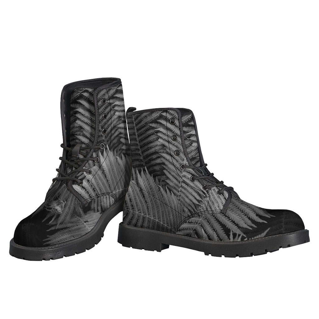 Groovy Black and White Fern Leaf Print Leather Boots for Modern Hippies - 3