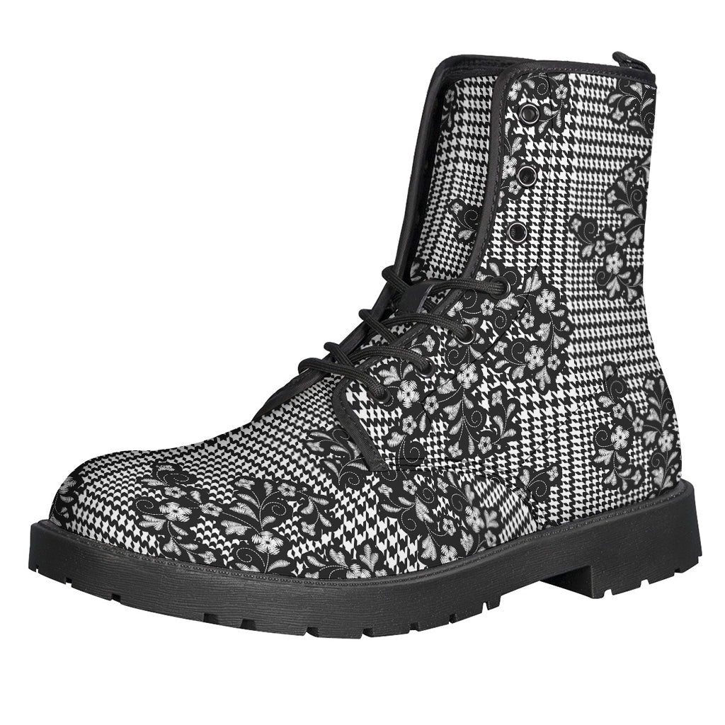 Black and White Floral Glen Plaid Leather Lightweight Boots for Modern Hippies - 1