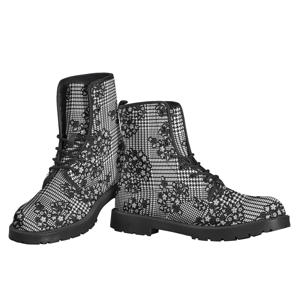 Black and White Floral Glen Plaid Leather Lightweight Boots for Modern Hippies - 3