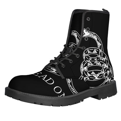 Black and White Gadsden Flag Print Leather Lightweight Boots for Free-Spirited Hippies - 1