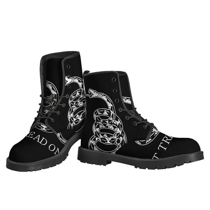 Black and White Gadsden Flag Print Leather Lightweight Boots for Free-Spirited Hippies - 3