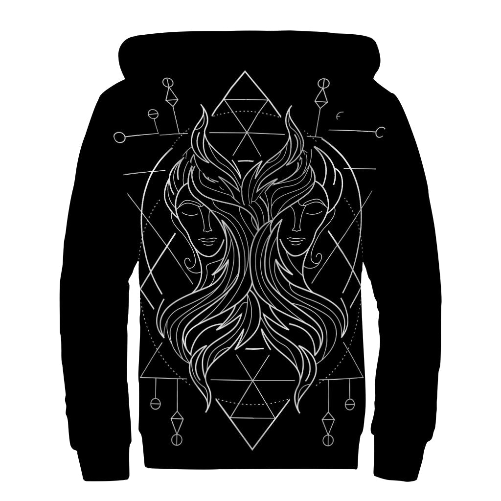 Black and White Gemini Sign Print Sherpa Lined Zip Up Hoodie for Free Spirited Hippies - 2