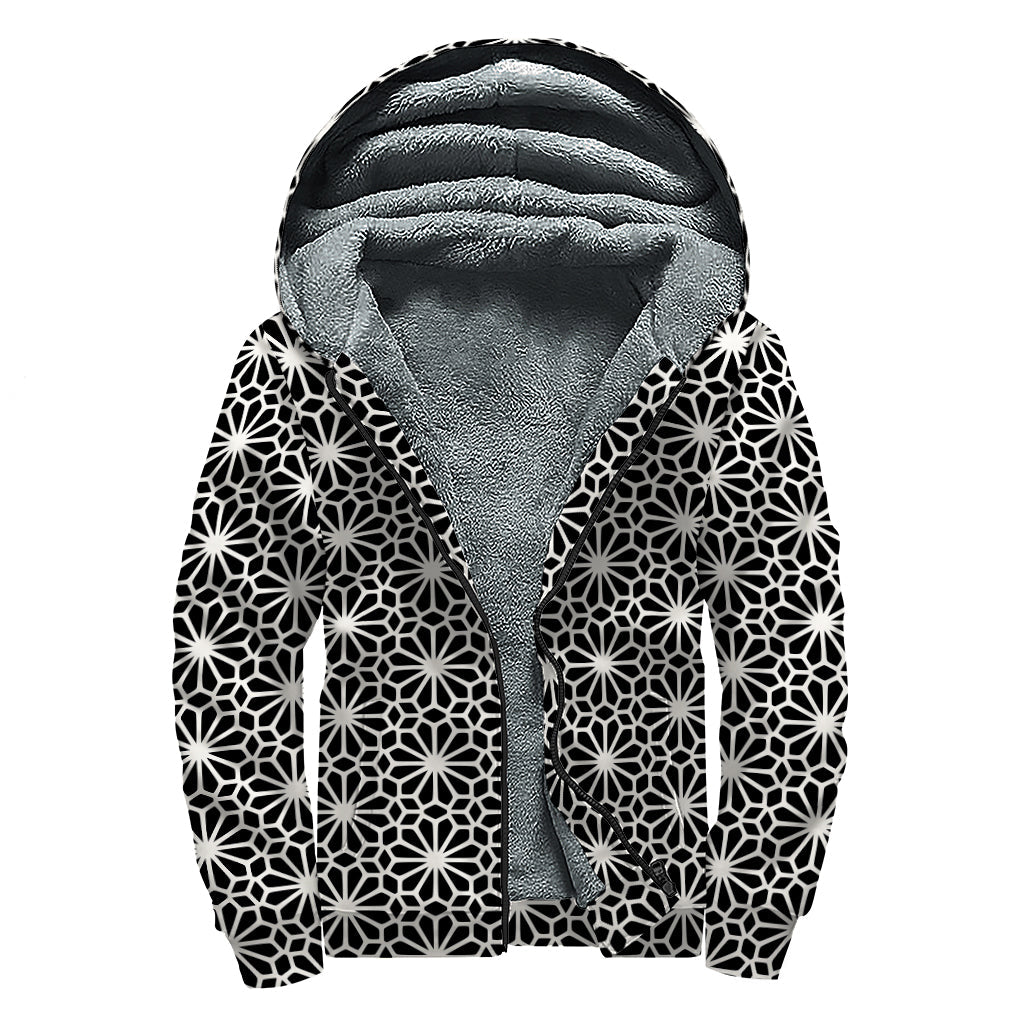 Bohemian Bliss: Black and White Geometric Floral Print Sherpa Lined Zip Up Hoodie - 1