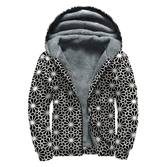 Bohemian Bliss: Black and White Geometric Floral Print Sherpa Lined Zip Up Hoodie - 1