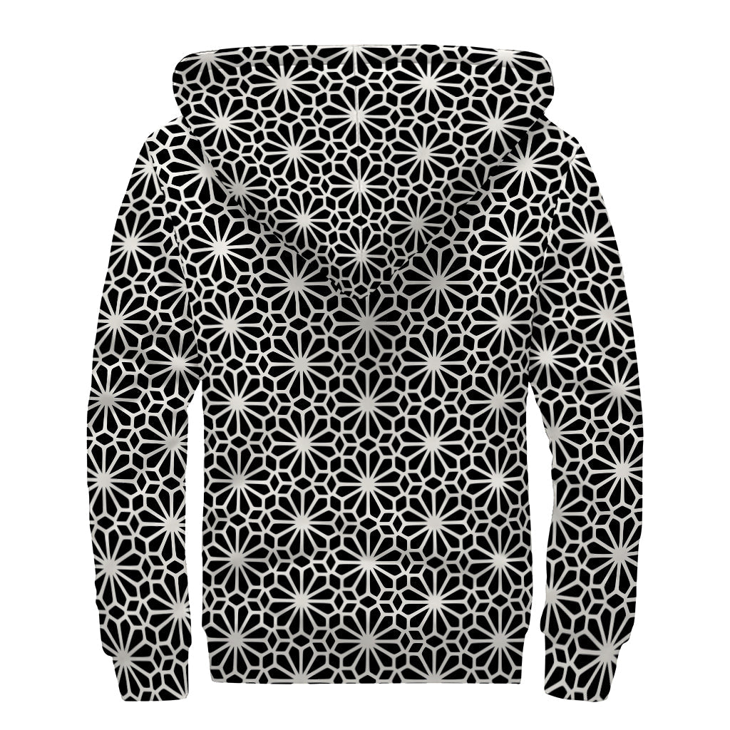 Bohemian Bliss: Black and White Geometric Floral Print Sherpa Lined Zip Up Hoodie - 2