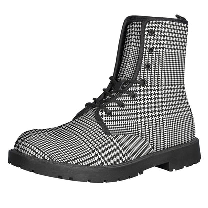 Black and White Glen Plaid Leather Boots for Retro Hippies - 1