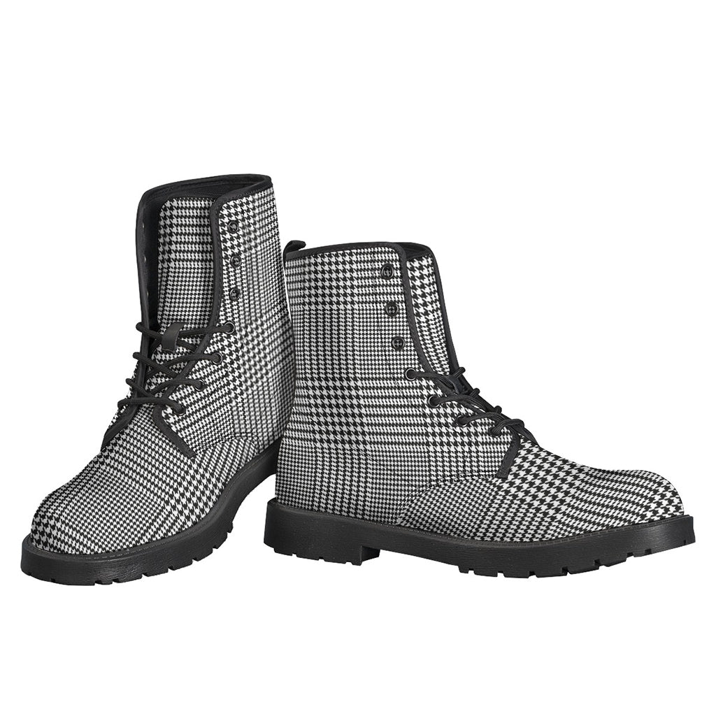 Black and White Glen Plaid Leather Boots for Retro Hippies - 3