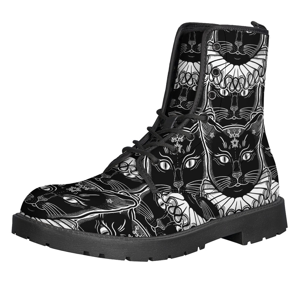 Groovy Vibes: Black and White Wiccan Cat Print Leather Boots for Hippies - 1