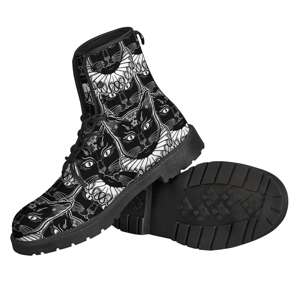 Groovy Vibes: Black and White Wiccan Cat Print Leather Boots for Hippies - 2