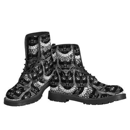 Groovy Vibes: Black and White Wiccan Cat Print Leather Boots for Hippies - 3