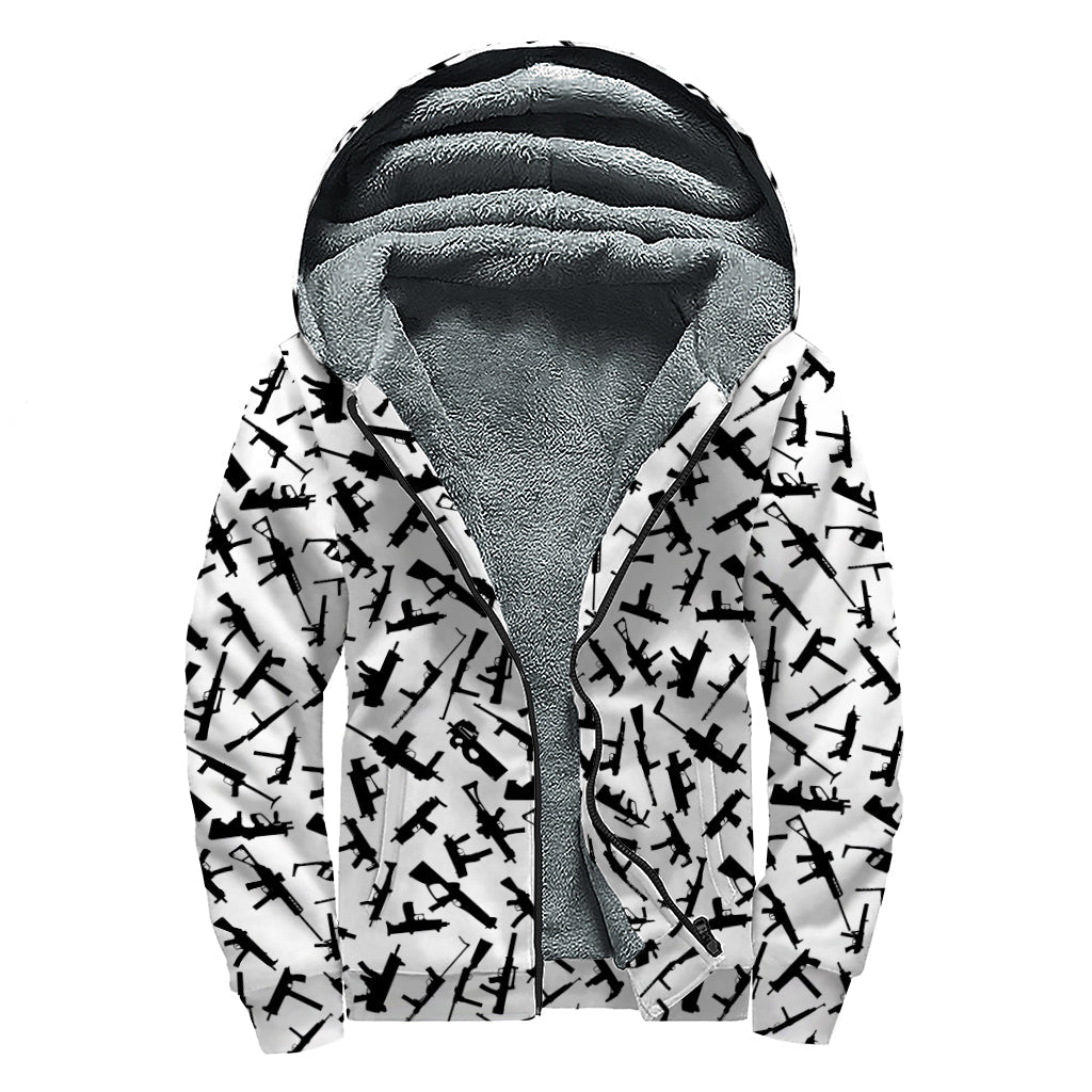 Bohemian Bliss: Black and White Guns Pattern Sherpa-Lined Hoodie - 1