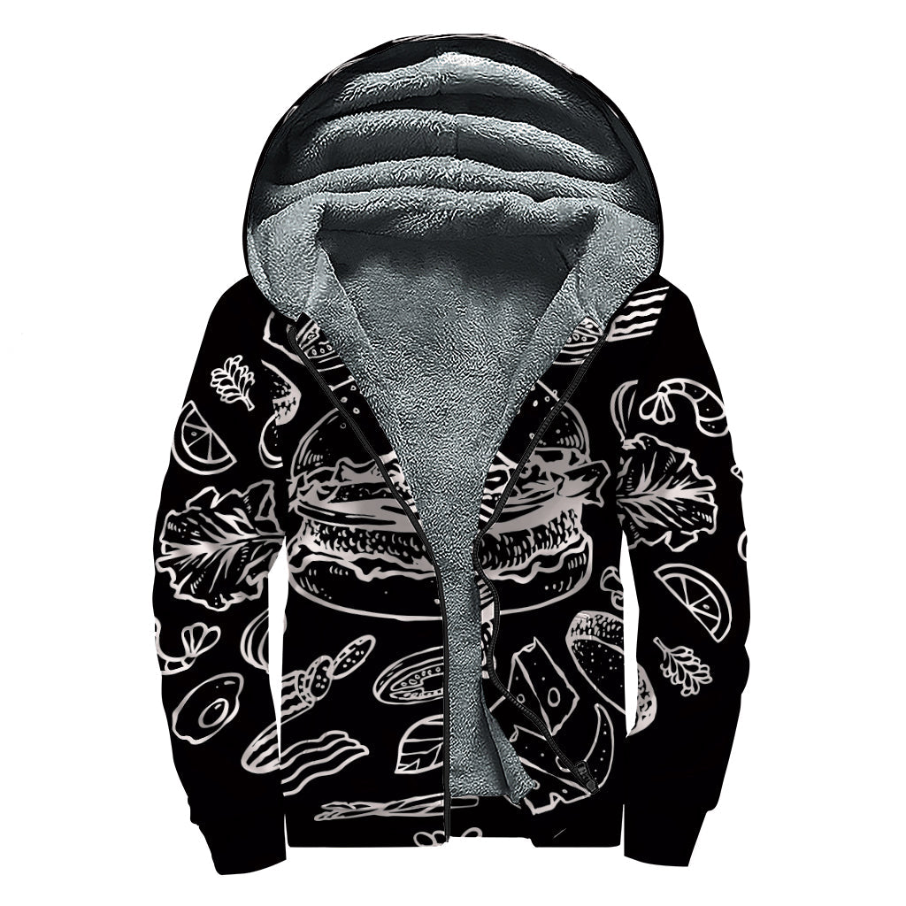 Groovy Black and White Hamburger Print Sherpa Lined Zip Up Hoodie for Hippies - 1