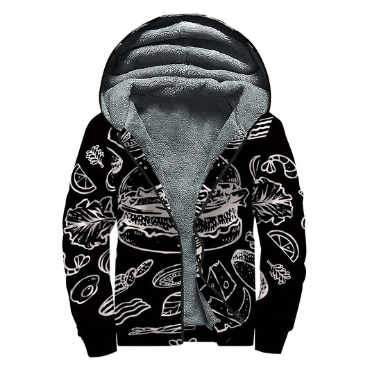 Groovy Black and White Hamburger Print Sherpa Lined Zip Up Hoodie for Hippies - 1