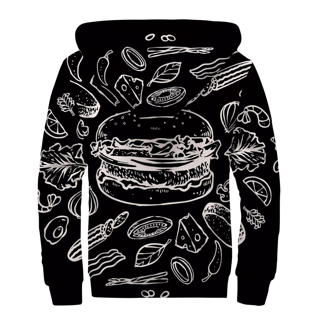 Groovy Black and White Hamburger Print Sherpa Lined Zip Up Hoodie for Hippies - 2