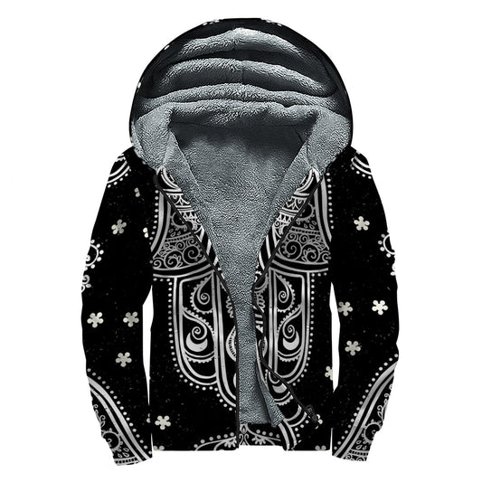 Bohemian Bliss: Black and White Hamsa Print Sherpa Lined Zip Up Hoodie - 1