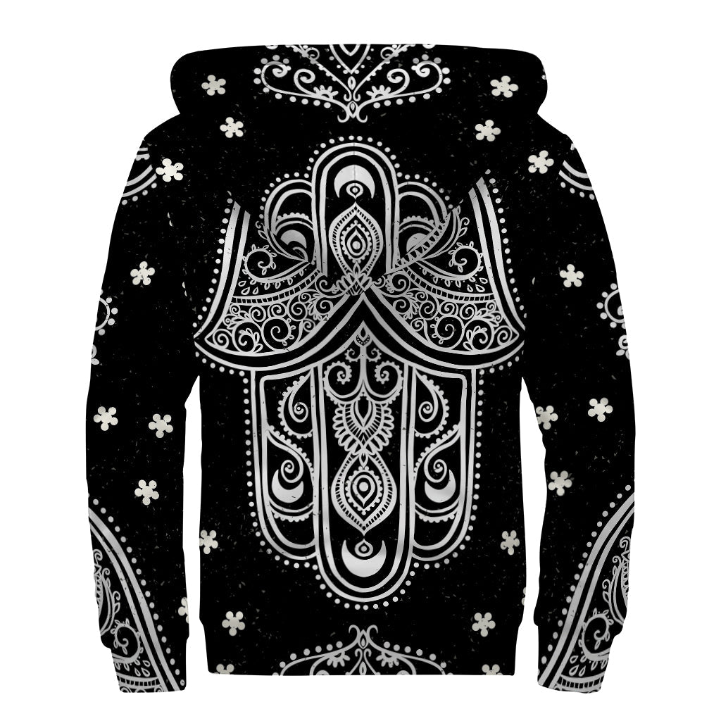 Bohemian Bliss: Black and White Hamsa Print Sherpa Lined Zip Up Hoodie - 2