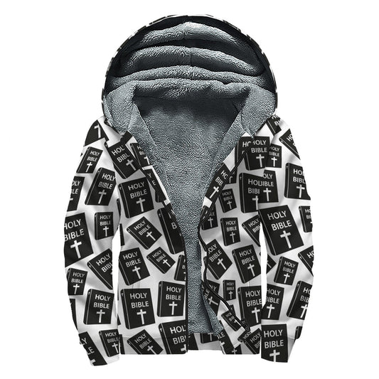 Groovy Vibes Black and White Holy Bible Pattern Sherpa Lined Zip Up Hoodie - 1