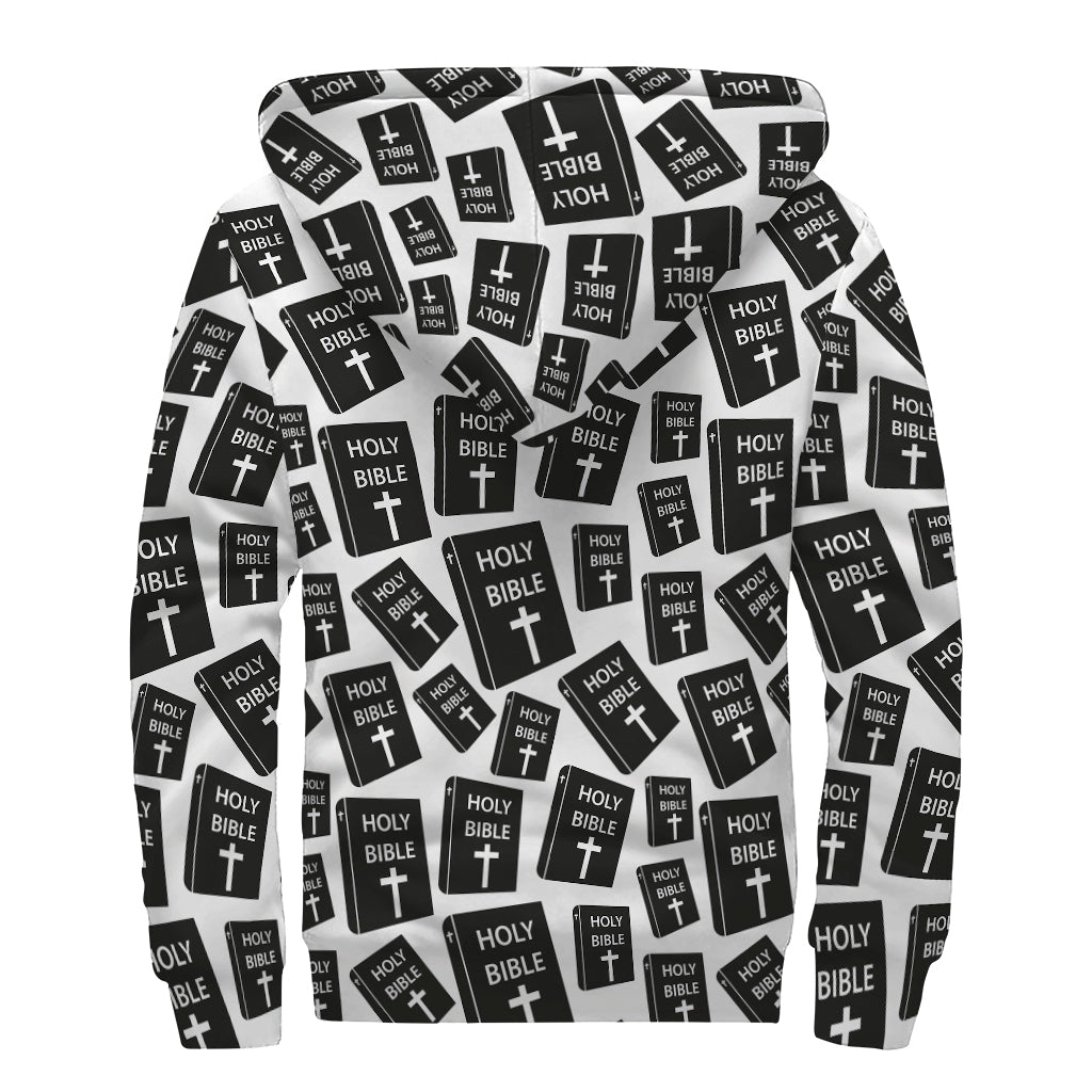 Groovy Vibes Black and White Holy Bible Pattern Sherpa Lined Zip Up Hoodie - 2