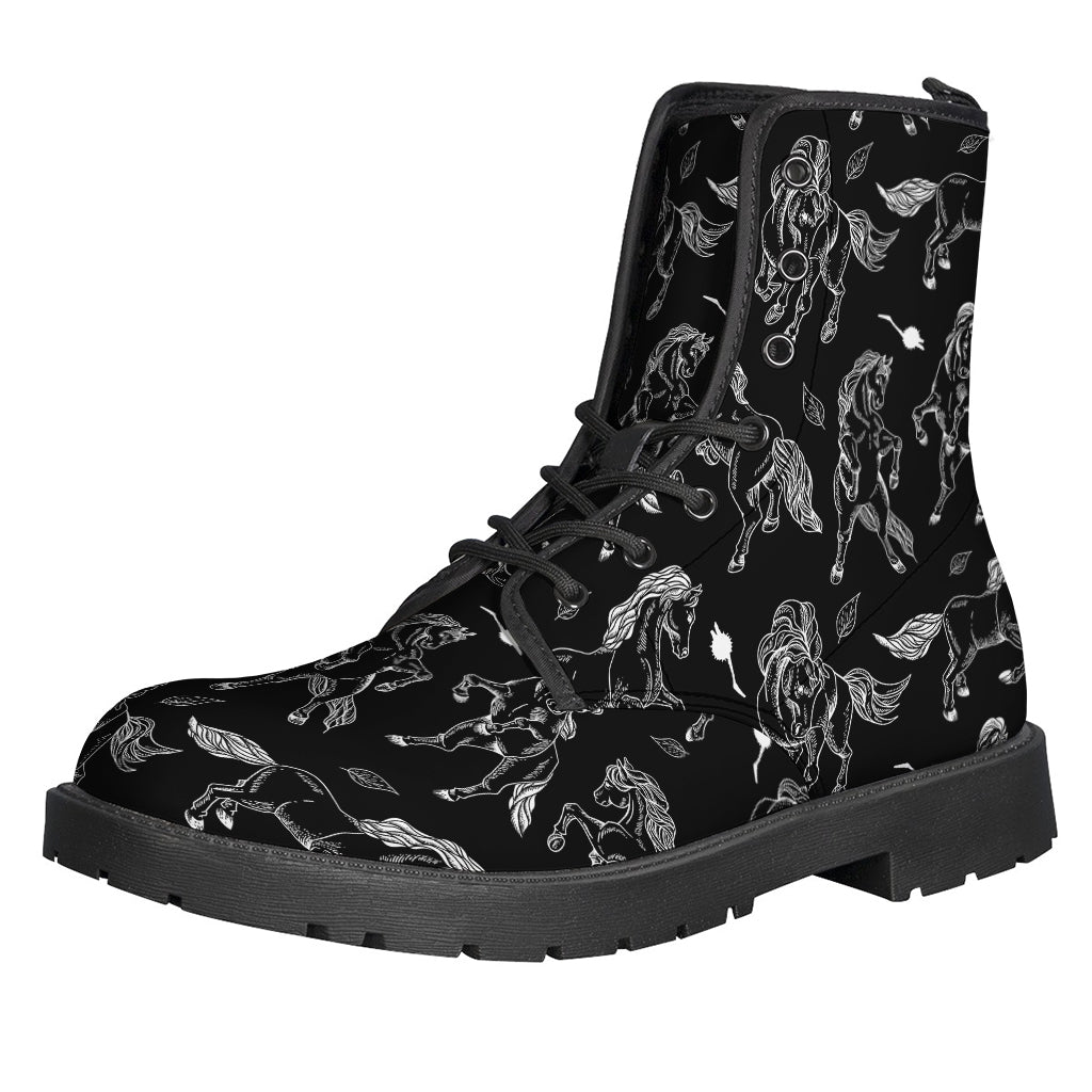 Groovy Hippie Vibes: Black and White Horse Pattern Leather Lightweight Boots - 1