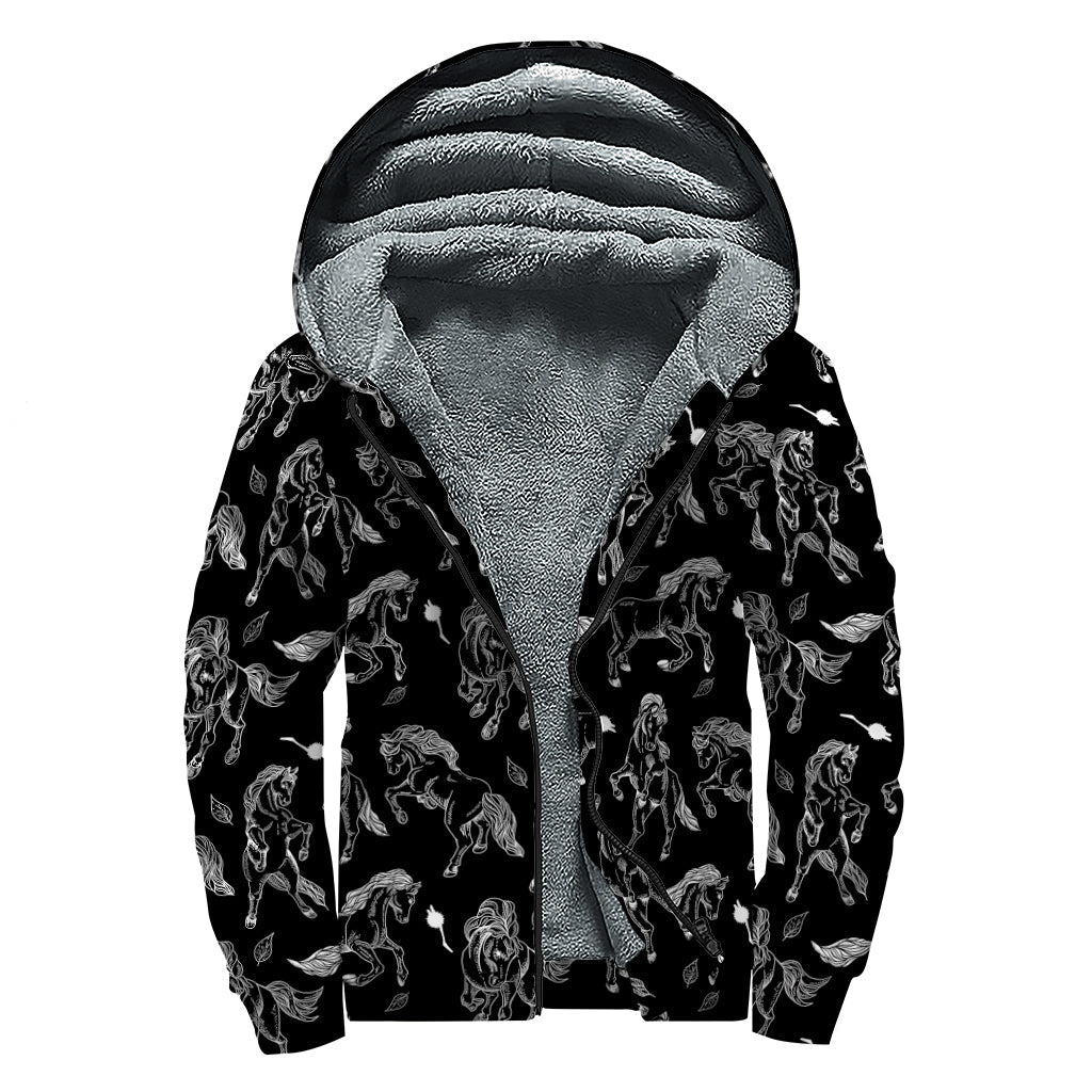 Black and White Horse Pattern Print Sherpa Lined Zip Up Hoodie for the Groovy Hippie Soul - 1