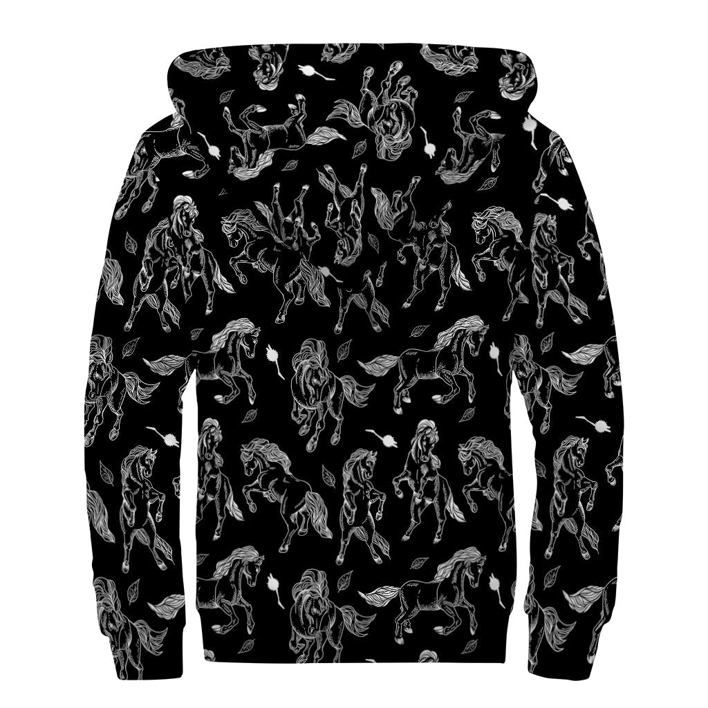 Black and White Horse Pattern Print Sherpa Lined Zip Up Hoodie for the Groovy Hippie Soul - 2