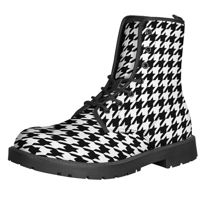 Groovy & Stylish: Black and White Houndstooth Print Leather Boots for Modern Hippies - 1