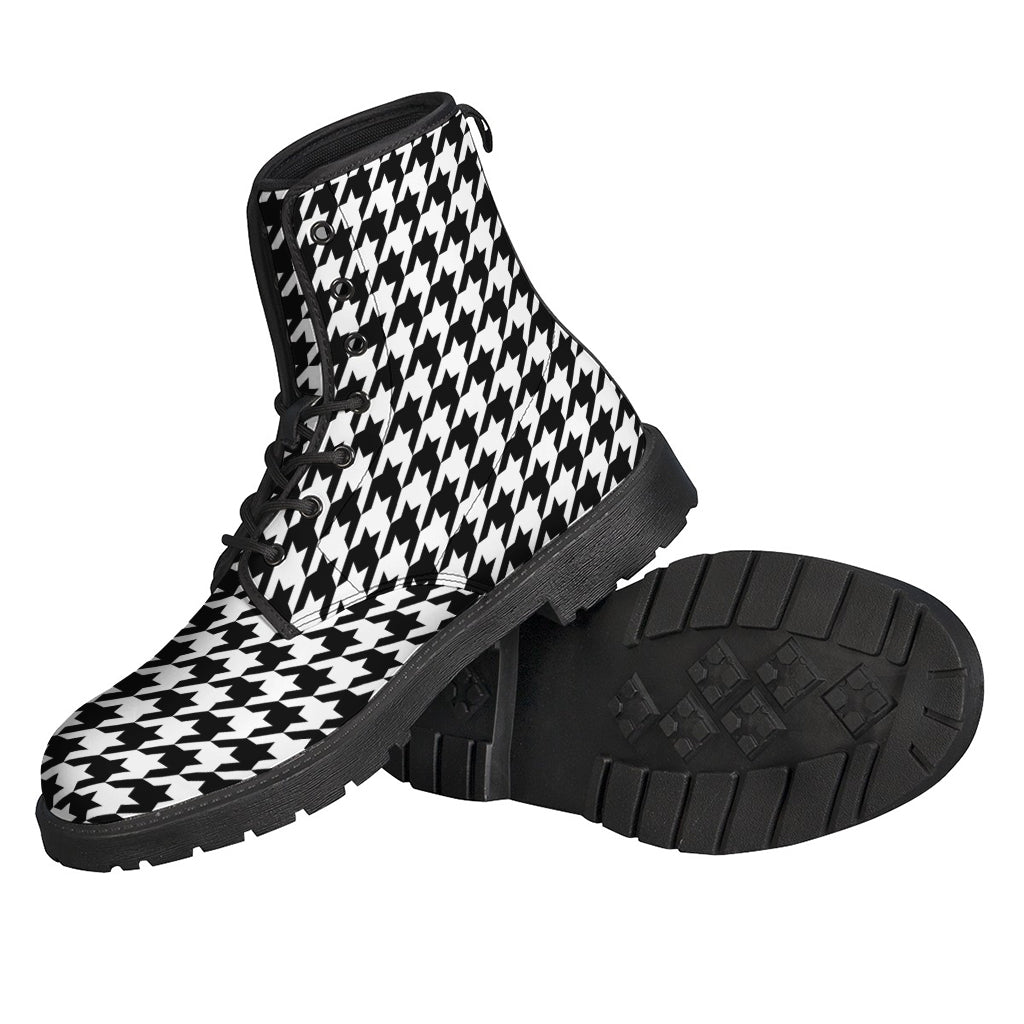 Groovy & Stylish: Black and White Houndstooth Print Leather Boots for Modern Hippies - 2