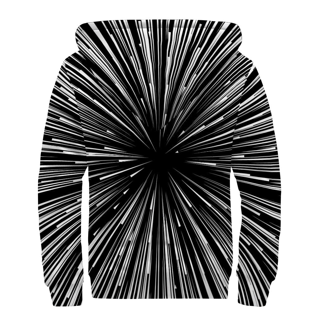 Black and White Hyperspace Print Sherpa Lined Zip Up Hoodie: Embrace Your Inner Hippie Style! - 2