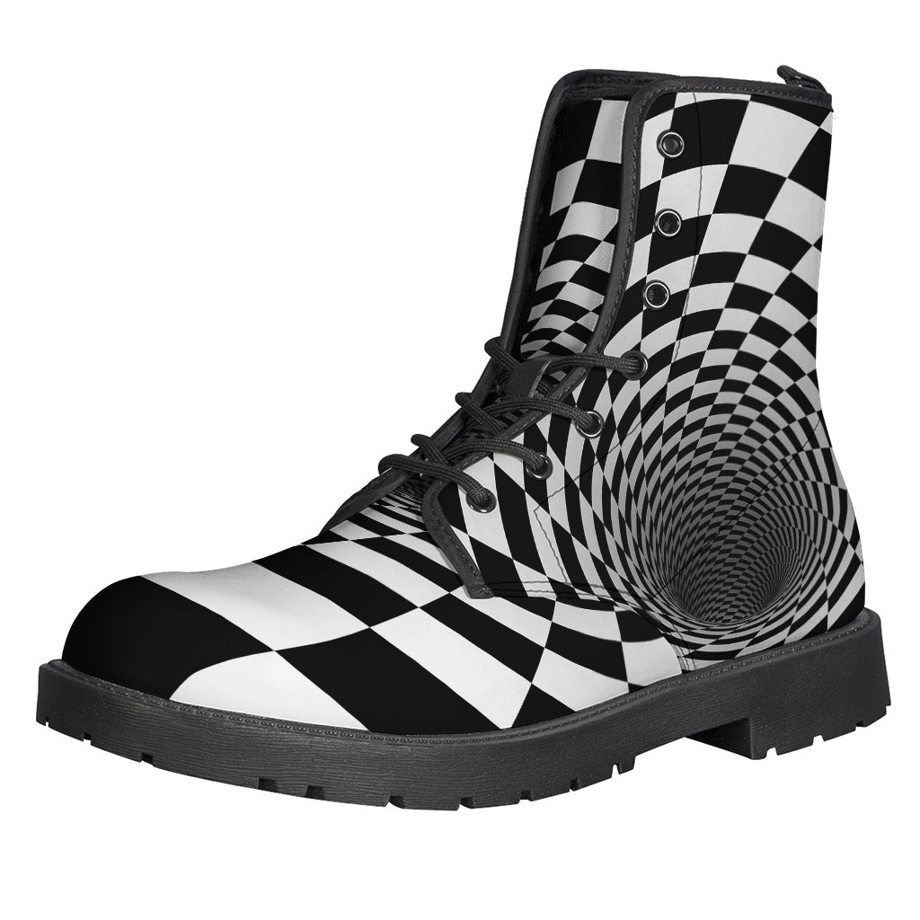 Groovy Vibes: Black and White Hypnotic Illusion Leather Boots for Free-Spirited Hippies - 1