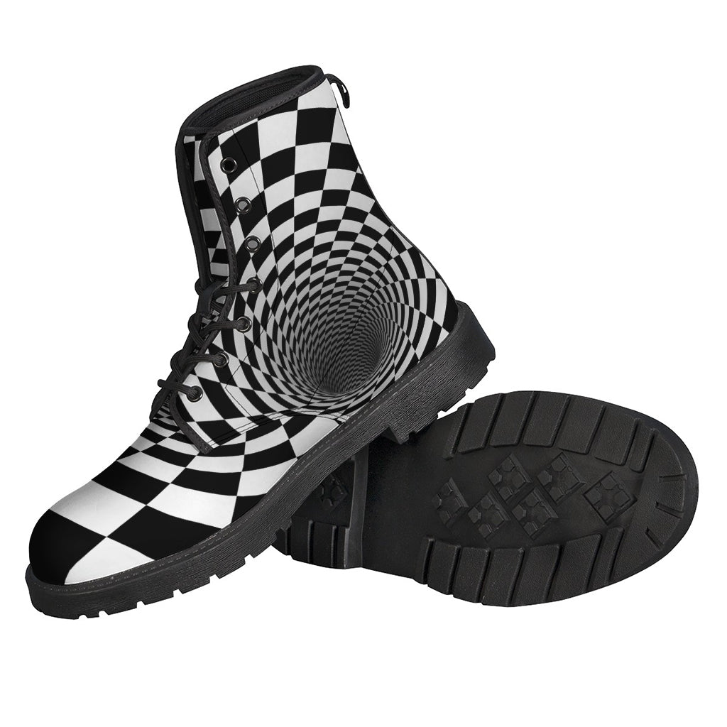 Groovy Vibes: Black and White Hypnotic Illusion Leather Boots for Free-Spirited Hippies - 2