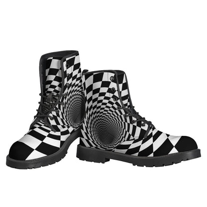 Groovy Vibes: Black and White Hypnotic Illusion Leather Boots for Free-Spirited Hippies - 3