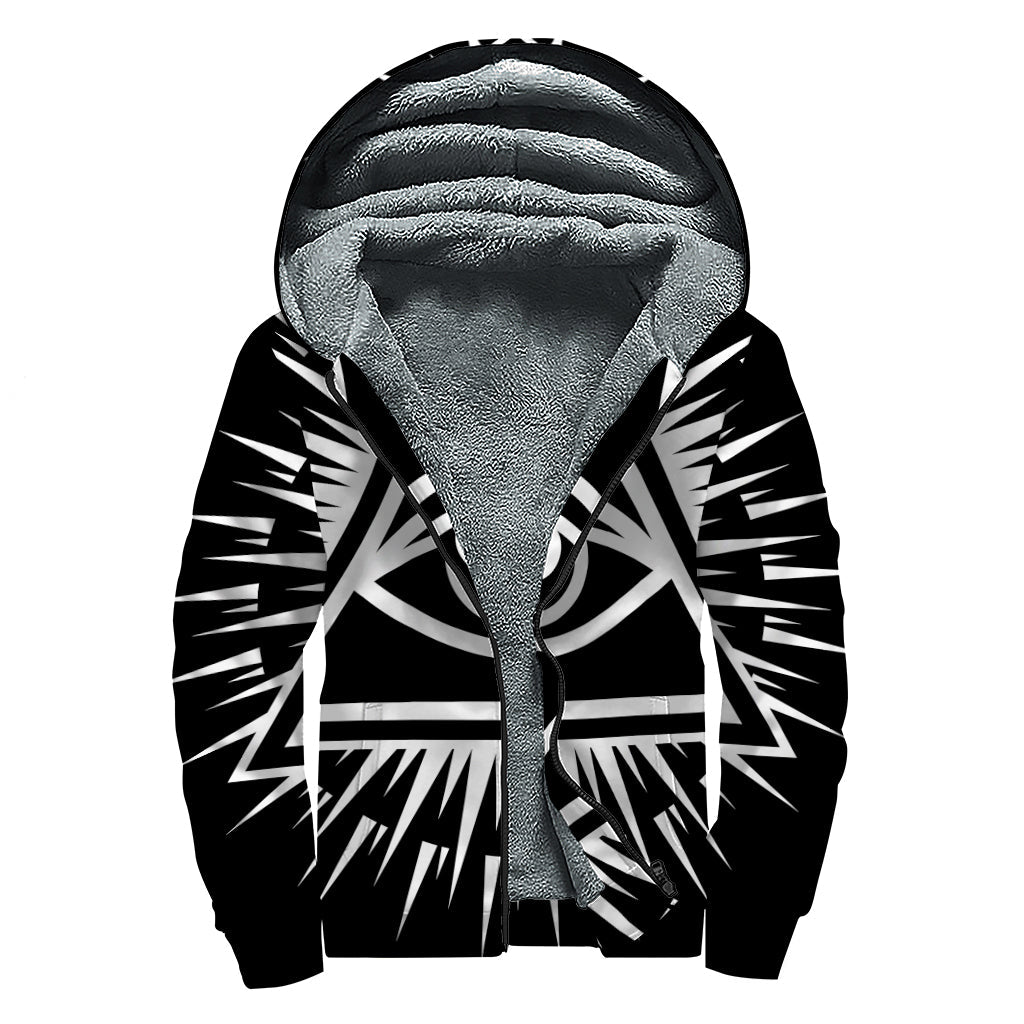 Black and White Illuminati Print Sherpa Lined Zip Up Hoodie for Stylish Hippies - 1