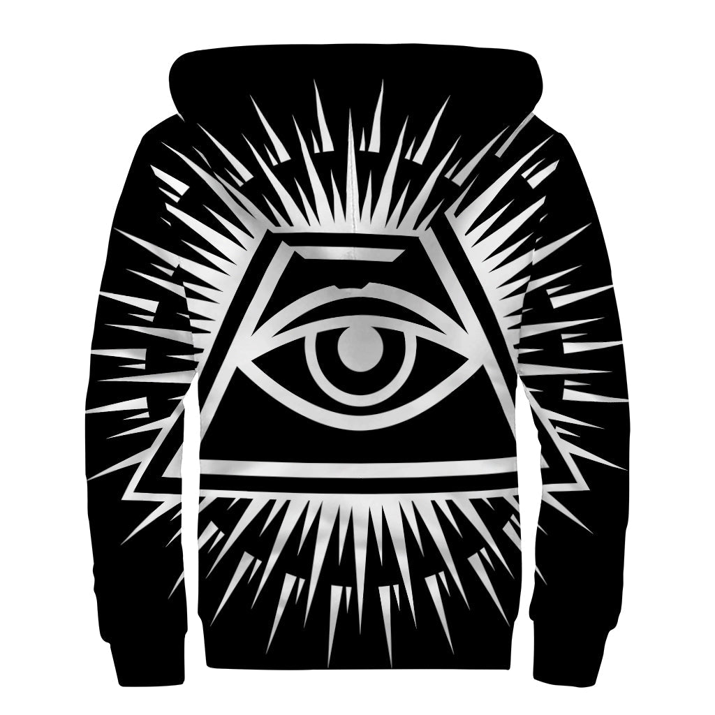 Black and White Illuminati Print Sherpa Lined Zip Up Hoodie for Stylish Hippies - 2