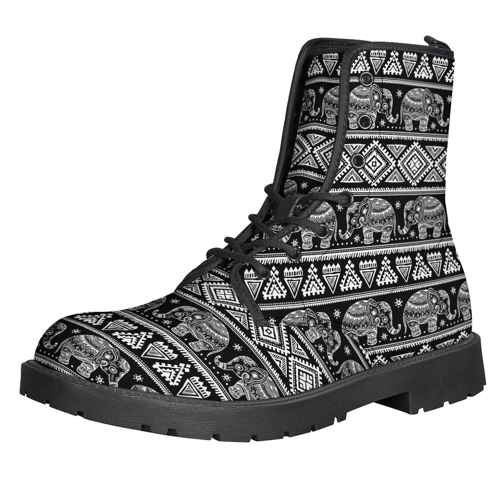 Groovy Boho Vibes: Black and White Indian Elephant Print Leather Boots - 1