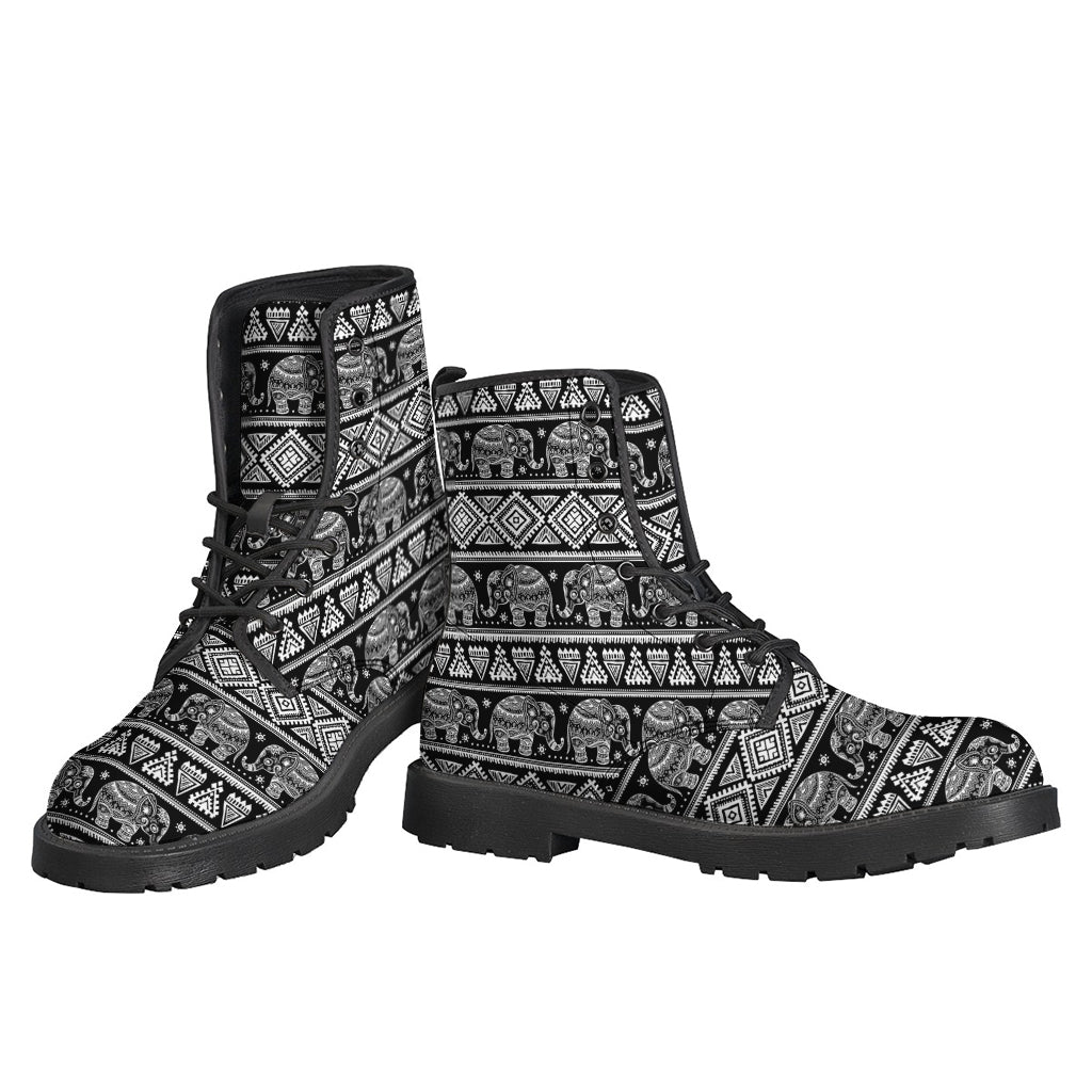 Groovy Boho Vibes: Black and White Indian Elephant Print Leather Boots - 3