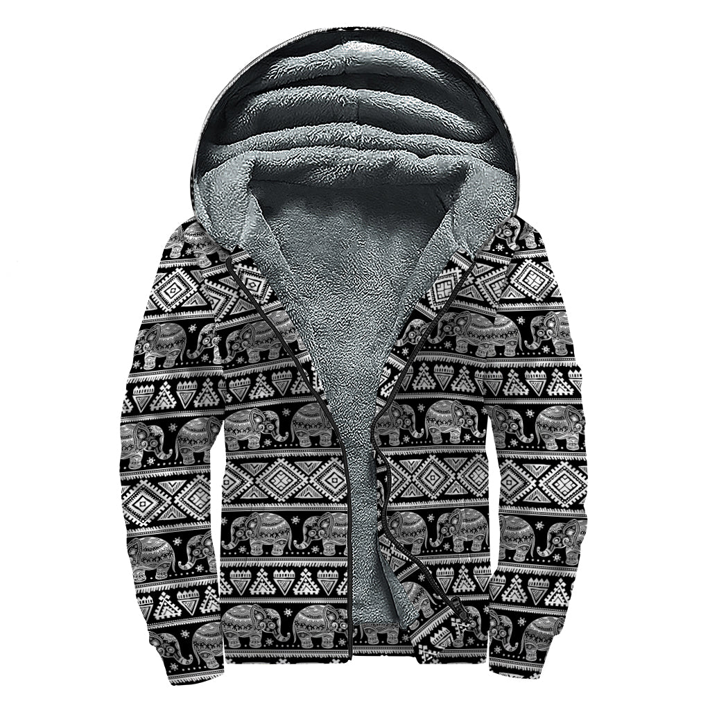 Bohemian Bliss: Indian Elephant Print Sherpa Lined Zip Up Hoodie for Trendy Hippies - 1