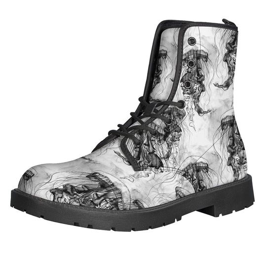 Black and White Jellyfish Pattern Leather Lightweight Boots for Groovy Hippies - 1