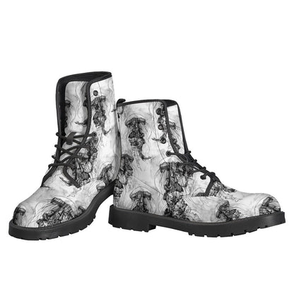 Black and White Jellyfish Pattern Leather Lightweight Boots for Groovy Hippies - 3