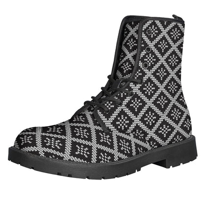 Boho Chic: Black and White Knitted Pattern Leather Boots - 1