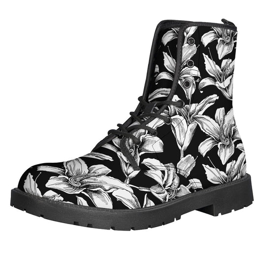 Groovy Black and White Lily Pattern Print Leather Lightweight Boots for the Modern Hippie - 1