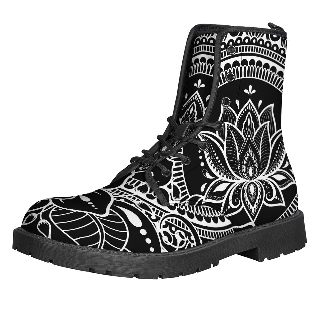 Lotus Flower Power: Black and White Leather Lightweight Boots for Hippies - 1